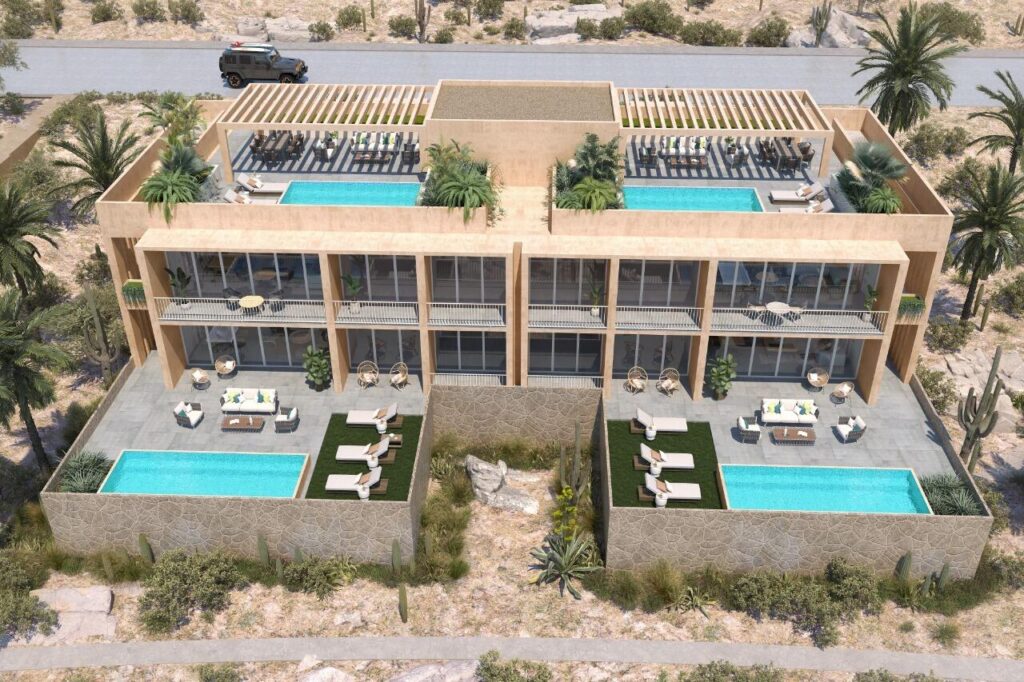 Los Cabos Morgan Residences Furnished 2-bedroom, 2-bath condominium in Morgan Residences — 94.50 m² (≈1,016 ft²) interior plus balcony; located on the 2nd floor of a six-story boutique building with 54 units. This lock-off condo offers flexible living: enjoy as a spacious full residence or divide into two separate 1-bedroom units for dual rental income or personal use. Includes one dedicated parking space located directly behind the unit. Just minutes from downtown Cabo's Marina, Medano Beach and the best restaurants — an ideal investment for long-term rental, vacation rental or a second home. This well-appointed condo in Morgan Residences presents a rare opportunity for versatility and convenience in Cabo San Lucas. With two full bathrooms and two bedrooms, plus a lock-off design, you have the flexibility to live in one unit and rent the other or maximize income by renting both. The residence is sold fully furnished and turnkey, so it's ready for immediate use or rental. A private parking space is included, located conveniently behind the unit a notable benefit given limited parking options in downtown Cabo.Residents at Morgan enjoy access to boutique-style amenities including a rooftop pool with ocean and city – Ground unit, Cabo Corridor, BS