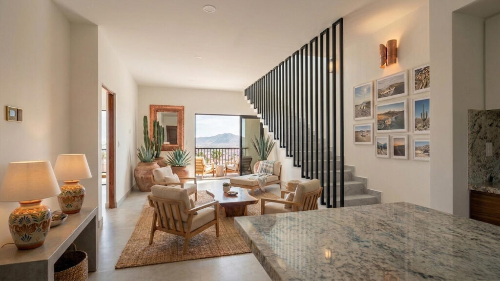 Los Cabos Brisas Del Tezal Ready for delivery! Brisas del Tezal Penthouse featuring 2 bedrooms and 2 1/2 bathrooms in an exclusive low-density community of 36 units across two 4-story elevator buildings. Located minutes from Medano Beach and downtown Cabo. Showcases excellent construction quality and craftsmanship from the developer, including parota wood carpentry and a large, solid front door. Features large-format tile flooring throughout, spacious balcony, granite countertops and backsplash in the kitchen, bathrooms with marble showers to the ceiling, wall-to-wall closets, and a laundry room with space for side-by-side washer and dryer and storage. Equipped with 1-ton A/C mini-splits in each bedroom and two in the living area.Private rooftop terrace with interior access, pergola, jacuzzi for 6 sink with storage, half bath, and lighting. Enjoy panoramic ocean, El Arco, mountain, sunset, and city – Ocean View Penthouse, Cabo Corridor, BS
