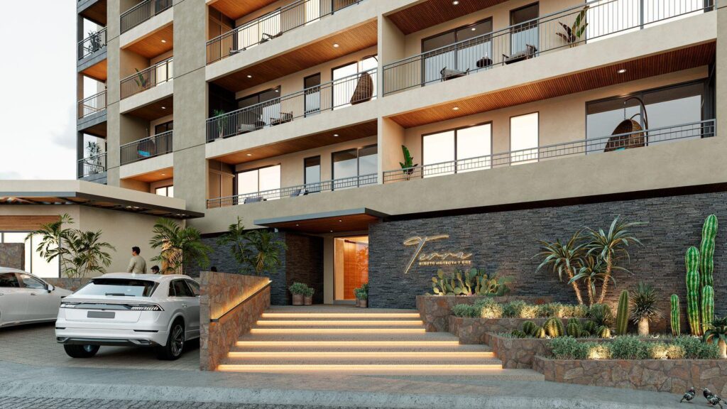 Los Cabos Terra 192 Latest Project 300 mts from Downtown Cabo San LucasTerra192, 48 Condos in 6 Story Building with Amenities!StudiosStudio + Flex1 Br+ Flex2 br- 2 bath2 br + FlexFull Rooftop with Amenities, gym, Swimming pool, grill, etc.Ideal for vacation rental ProgramThis Complex will be operating as a Boutique Hotel Service#107 is Ground floor Unit 2 Bedrooms, 2 bath plus Huge Patio – Terra 192 #107, Cabo San Lucas, Cabo San Lucas, BS